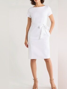 Brooks Brothers 346 Belted Women's White Short-Sleeve Linen Dress